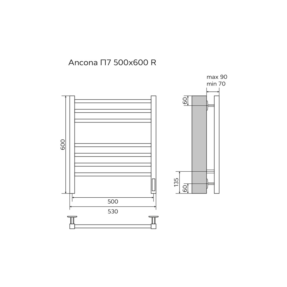 Полотенцесушитель ANCONA 500/600 электрический БЕЛЫЙ R 7 кв. пер.  AZARIO