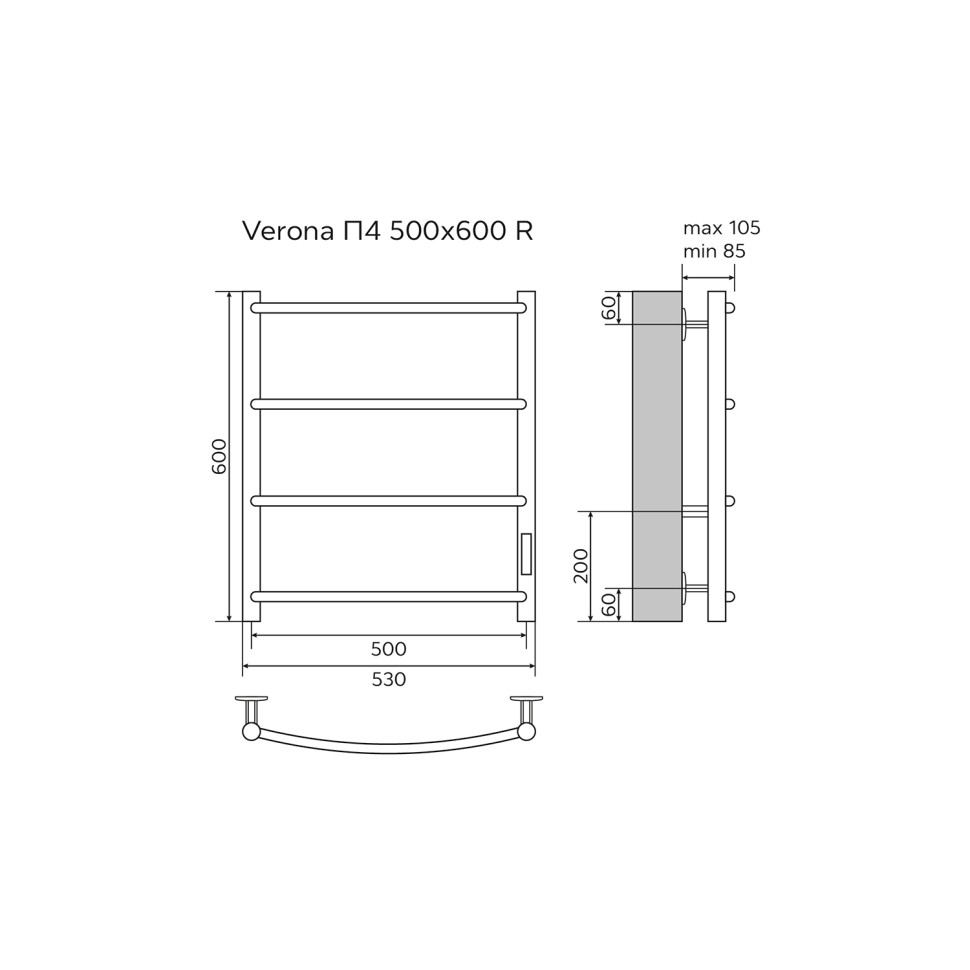 Полотенцесушитель VERONA 500/600 электрический L 4 пер. AZARIO