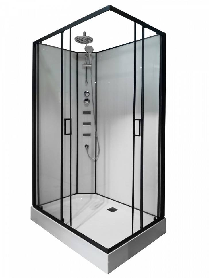CS-21813 Душевая кабина 120x80x(190+15)см с низким поддоном 15см, прозрачное закаленное стекло 5 мм, задние стеклянные стенки БЕЛЫЕ, профиль черный-мат, верхний душ, хромированный ручной душ + шланг для душа + хромированный держатель, кронштейн для душа. 