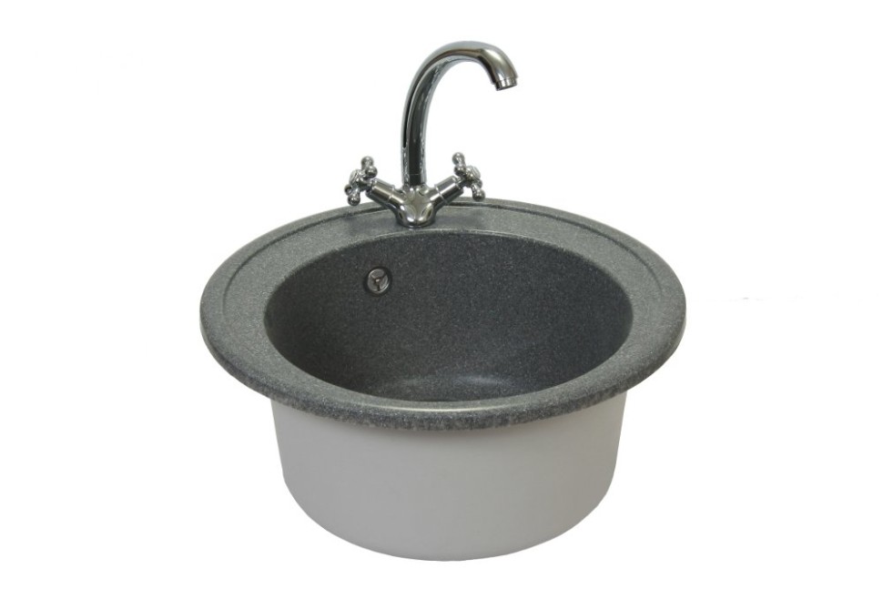 Мойка мрамор FOSTO КМД 51 К SGA-420 КРУГЛАЯ, цвет обсидиан (черный) , D505, С ОДИНАРНЫМ СИФОНОМ