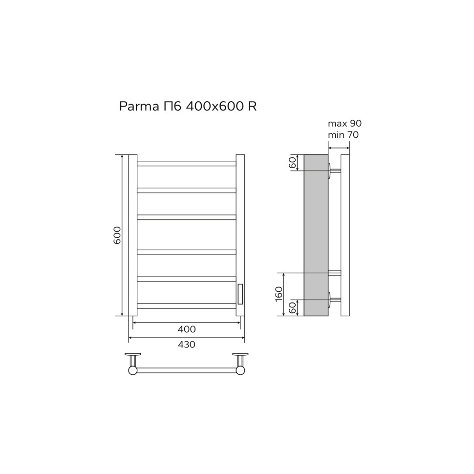 Полотенцесушитель PARMA 400/600 электрический БЕЛЫЙ R 6 пер. AZARIO