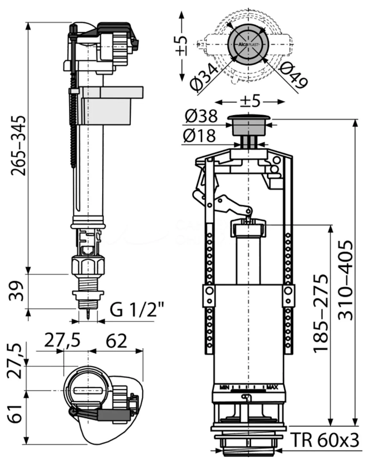 SA2000S 1/2" CHROM Выпускной комплект со стоп кнопкой (одинарной),  с нижней пласт. подводкой)