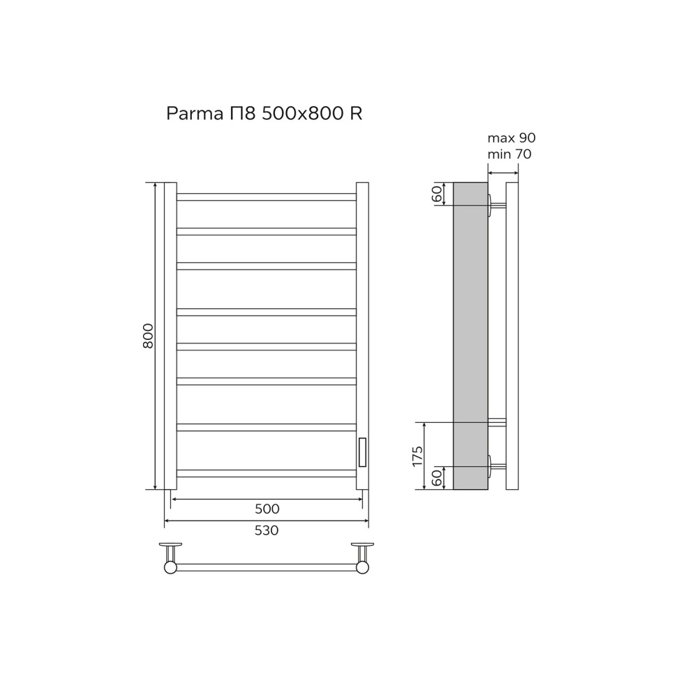 Полотенцесушитель PARMA 500/800 электрический R 8 пер. AZARIO