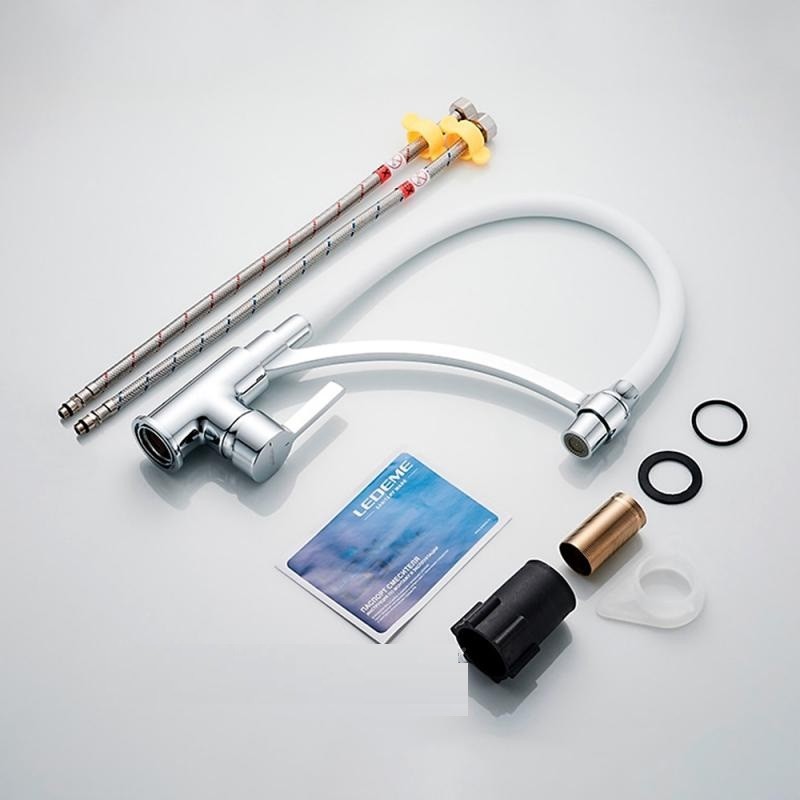 4499-3 Смеситель Кухня LEDEME с силиконовым изливом, (белый/хром)
