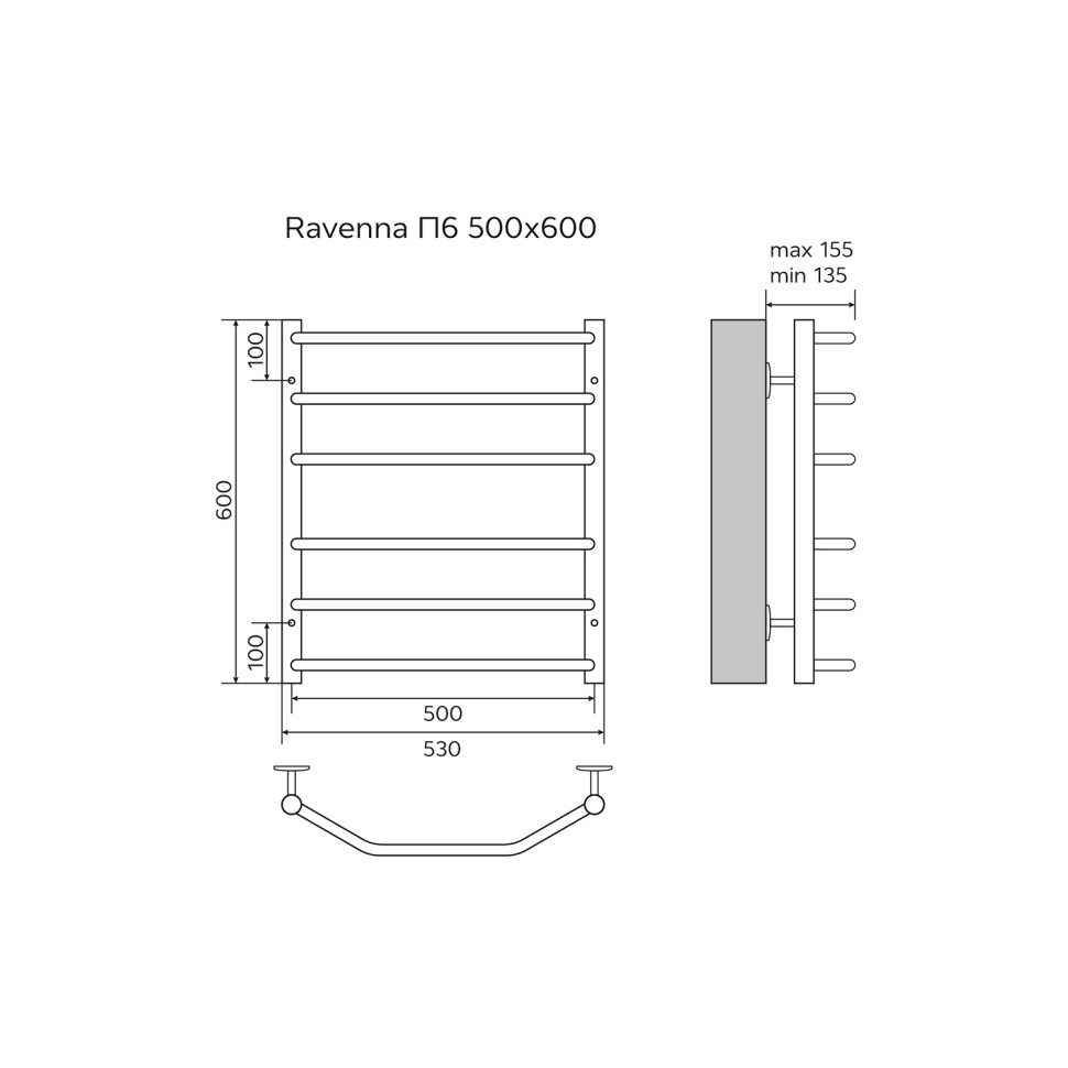 Полотенцесушитель RAVENNA  500/600  водяной 6 пер. (1"-1/2"  Полированный)  AZARIO